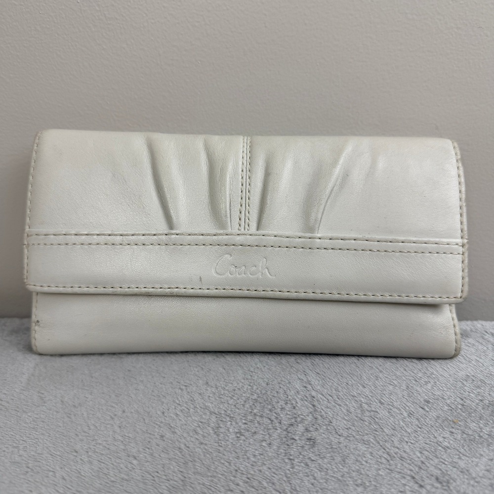 Coach White Pleated‎ Leather Slim Envelope Wallet with Tan Interior